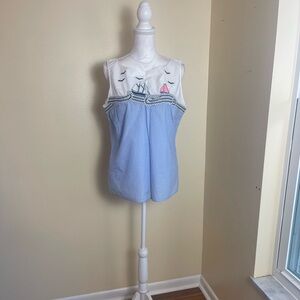 Talbots Nautical Embroidered Tank Top Blue White Sailboat Coastal Summer Large